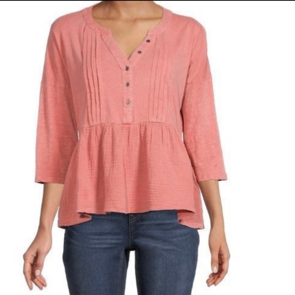 3/4 Sleeve Peplum Top Blouse Pink Salmon Peach Medium